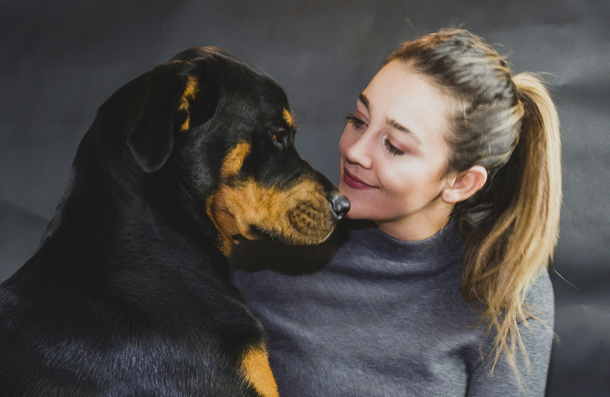 Mulher encosta o rosto ao focinho de um rottweiler