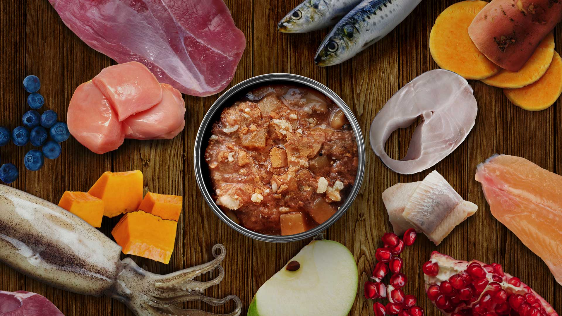 Carne, peixe, fruta e vegetais frescos à volta de uma lata N&D
