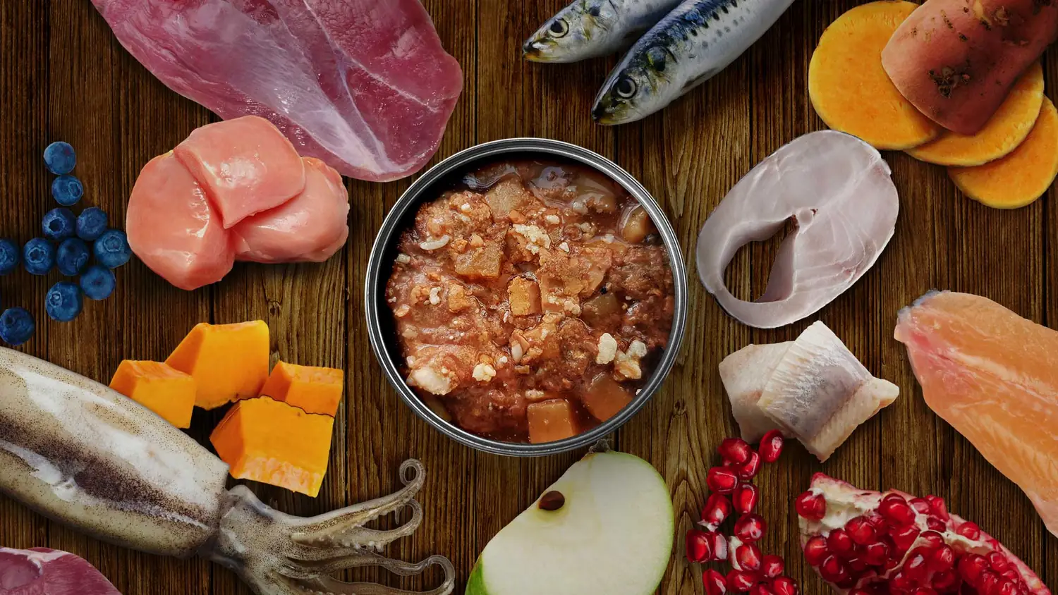Carne, peixe, fruta e vegetais frescos à volta de uma lata N&D